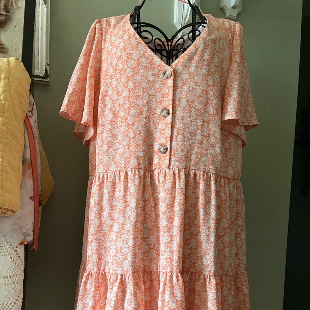 Evri Peach Floral Button-Front Tiered Dress